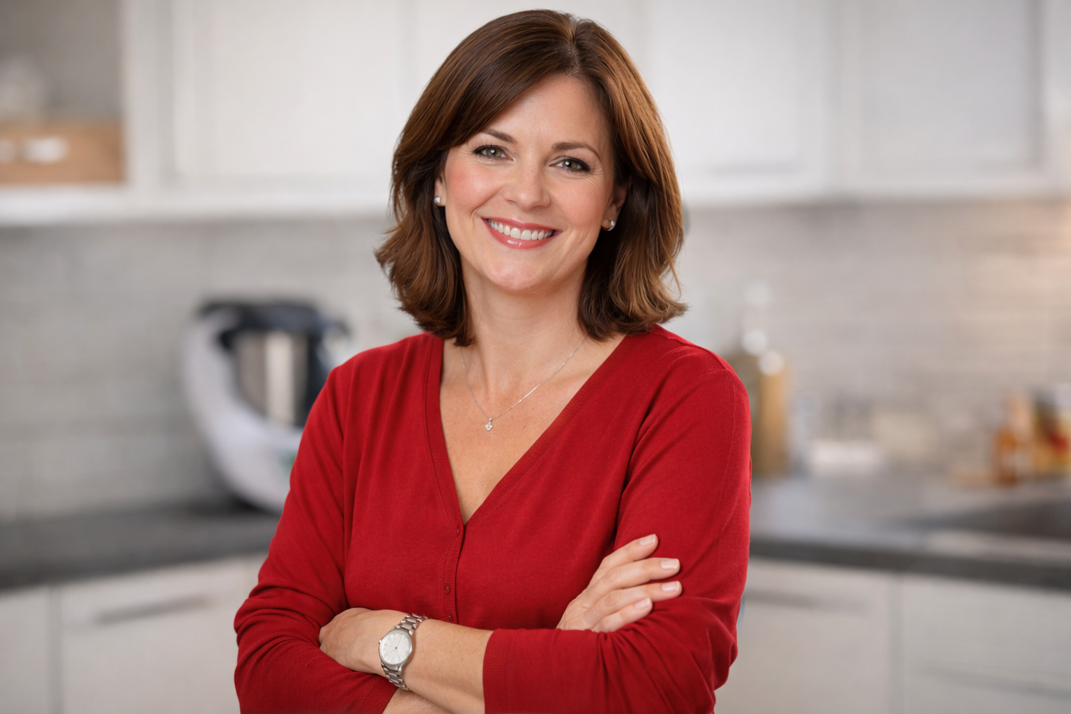 Portrait der Repräsentantin in moderner, heller Küche